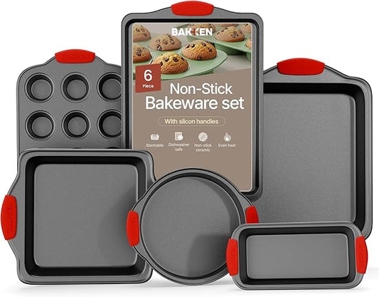 Baking Set – 6 Piece Kitchen Oven Bakeware Set – Deluxe Non-Stick Black Coating Inside and Outside – Carbon Steel – Red Silicone Handles – PFOA PFOS and PTFE Free by Bakken