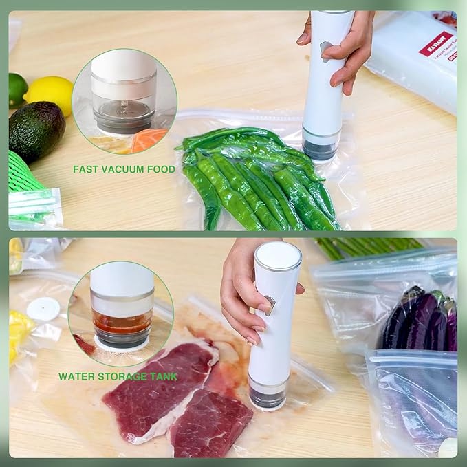 Handheld Vacuum Sealer with Visible Water Tank –Spill-Proof, One-Touch Operation, Vacuum Sealer Machine with 30 Reusable Bags for Kitchen, Camping, or Travel (Snow white)