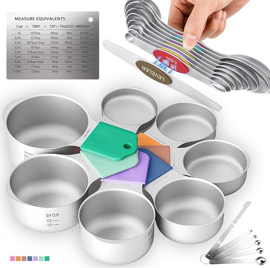 Magnetic Measuring Cups and Spoons Set 23-Piece, 304 Stainless Steel Dual Scale Measurements (US + Metric), Dishwasher Safe with Leveler for Baking & Cooking - Ergonomic Design, Mixed Colors