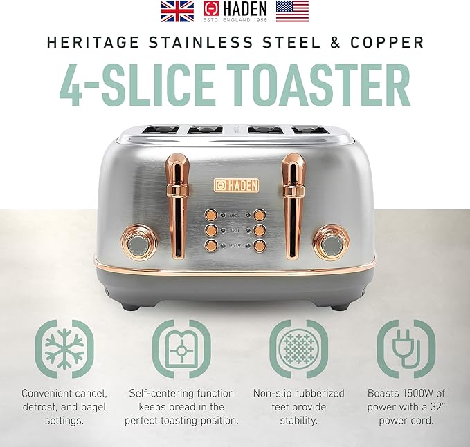 Haden Heritage 4 Slice Wide Slot Stainless Steel Toaster with Adjustable Browning Control & Non-Slip Feet, Steel & Copper