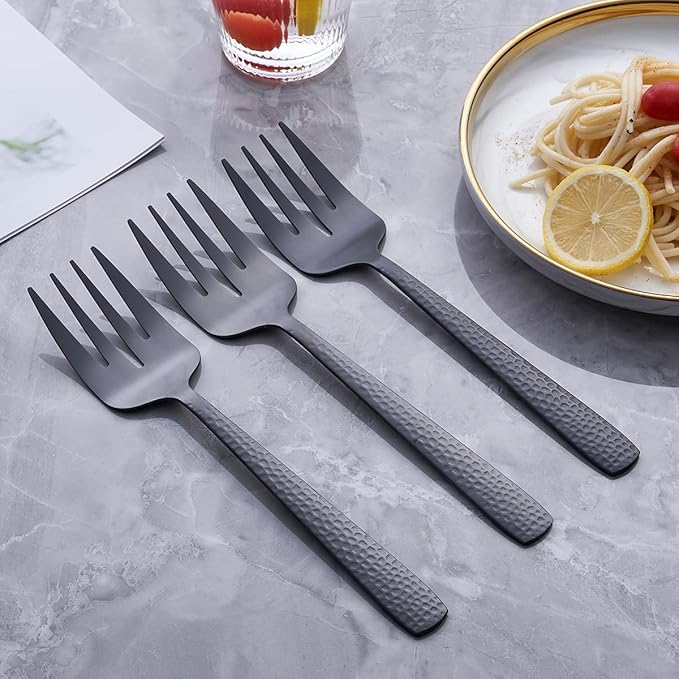 Matte Black Serving Fork, 9.5-inch Stainless Steel Large Serving Fork, Heavy Duty, Satin Finish, Set of 3
