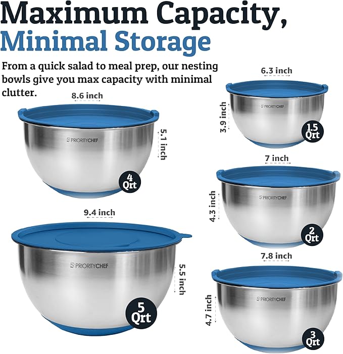 Priority Chef Stainless Steel Mixing Bowls with Lids Set, Metal Nesting Bowls with Airtight Lids, Graters, Non-Slip Base & Measurement Marks, Includes Utensil Set for Prep, Baking & Storage, Blue