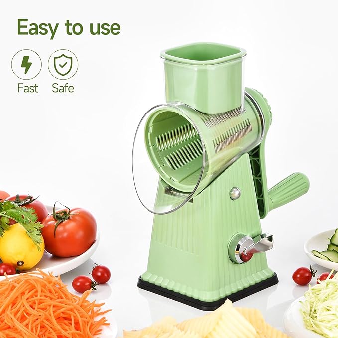 Xilrvna RotaryCheeseGrater,VegetableShredder 5 in 1 Cheese GraterwithHandleedderReinforcedSuction,EasytoClean,KitchenChopperforCrushedIce,Fruits and Nuts with Blade StorageCase（light green）