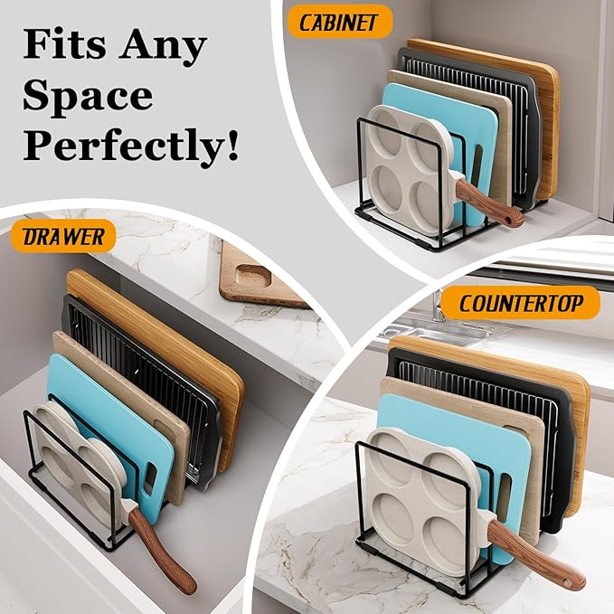 Space-Saving Kitchen Organizer Rack - 5-Slot Heavy-Duty Cutting Board and Bakeware Holder, Rust-Resistant with Anti-Slip Feet for Countertop or Cabinet Storage - 2 pack