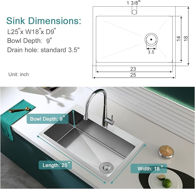 25 inch Kitchen Sink Single Bowl - Drop-in Topmount Kitchen Sink with Protective Bottom Grid, 304 Stainless Steel Overmount Kitchen Bar Sink Handmade with Basket Strainer, 25×18×9 inch