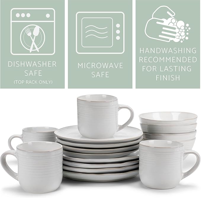 Elanze Designs Reactive Glaze Farmhouse Rustic Boho Ceramic Stoneware Dinnerware 16 Piece Plate Bowl Mug Dish Set - Service for 4, Classic White