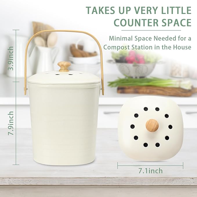 Vipush Bamboo Fiber Compost Bin with Lid Small Countertop Compost Bin Includes Charcoal Filter, Beige