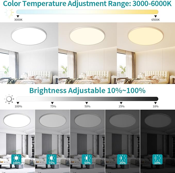 24 Inch Round Led Ceiling Light Fixture, Ultra Thin Flush Mount, Dimmable with Remote Control, 56W, 5600 Lumen, Modern, Silver, for Kitchen, Dining Room, Bedroom, Living Room, Home Office