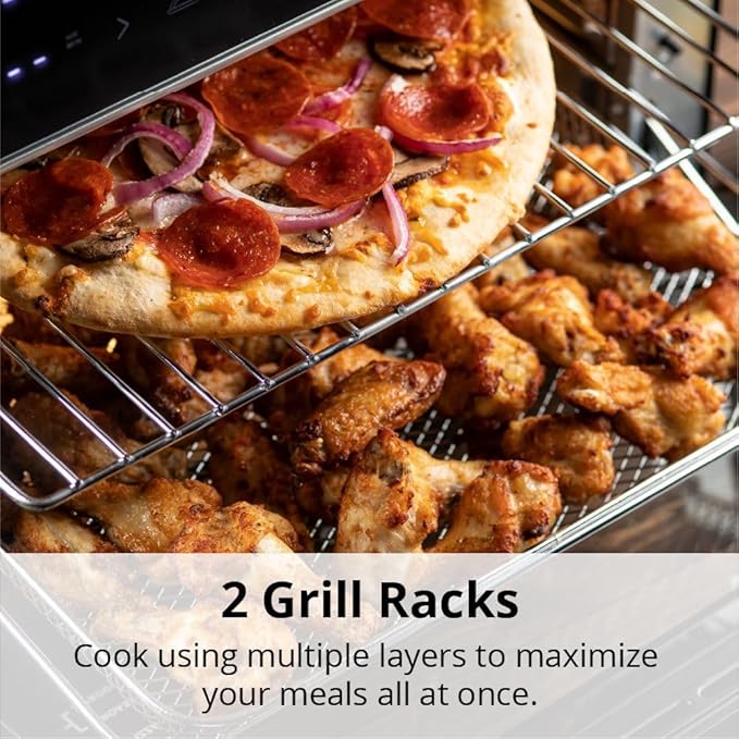 Aria 36 Qt Air Fryer Oven, Ariawave Stainless Steel Air Fryer with Rotisserie, Basket, & Grill Trays, Easy Clean Large Countertop Convection Oven, XL Touchscreen Display & Cooking Presets, Black