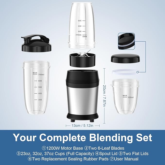 12-Piece Smoothie Blender Maker 25,000 RPM Personal Blender for Ice Crushing Smoothies & Frozen Drinks Nuts with 23oz, 32oz, 37oz Portable Cups Two 6-Leaf Stainless Steel Blades, Silver