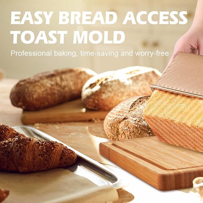 2Pack Bread Loaf Pan with Lids – 1 LB Dough Capacity, Non-Stick Carbon Steel Pullman Loaf Pan for Homemade Sandwich and Sourdough Bread, Corrugated Toast Mold Gold