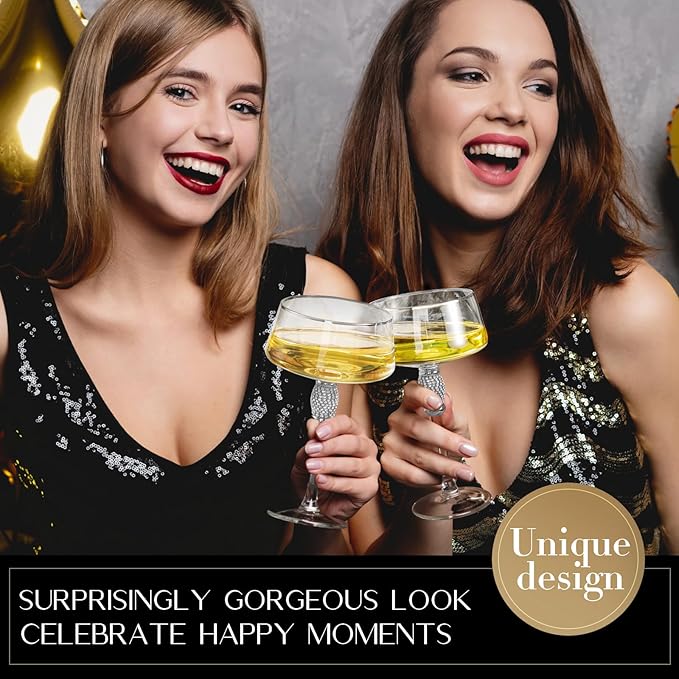 Silver Martini Glasses,Coupe Glass set of 4,Cocktail,Silver Rimmed&Rhinestones,Margarita,Cocktail,Scocktail Glass.Champagne Tower,Art Deco Glassware,Home Parties,9OZ.