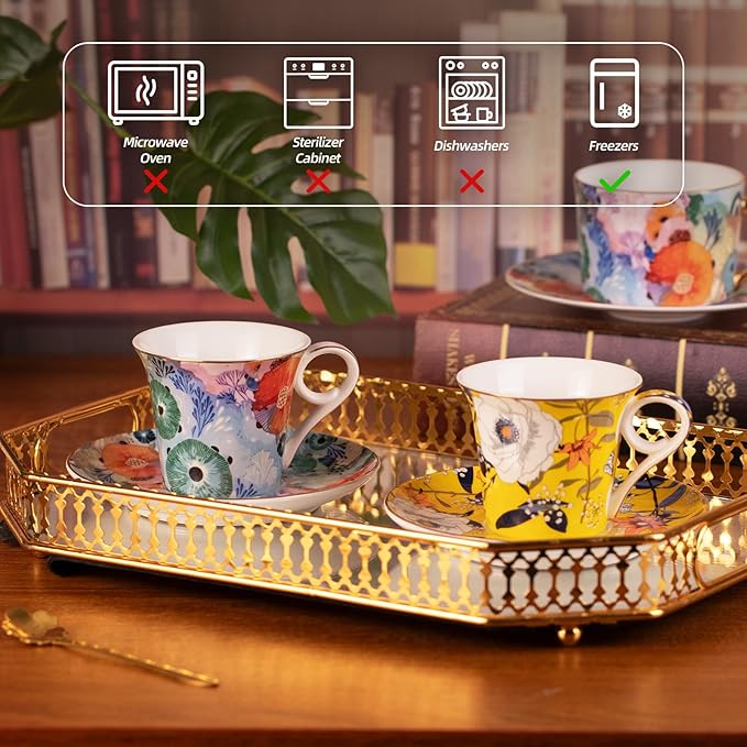 KAMMAK Tea Cups and Saucers Set of 2, Reinforced Porcelain Coffee Cups, 5.7-Ounce Stackable Espresso Mugs, Ceramic Demitasse for Coffee, Cappuccino, Latte, Americano, Tea, Coral + Bee Flower