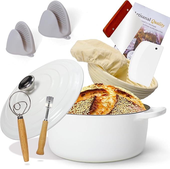 5QT Enameled Cast Iron Bread Oven with Proofing Basket for Bread Baking, Bread Making Supplies Tools,Heavy-Duty Cookware for Braising, Stews, Roasting, Bread Baking (White)