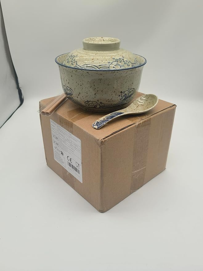 Ceramic Ramen Bowl Set, 800ml, with Lid, Spoon and Chopsticks, Japanese Vintage Large Soup Bowls Instant Noodle Bowl Asian Tableware (Fish*1)