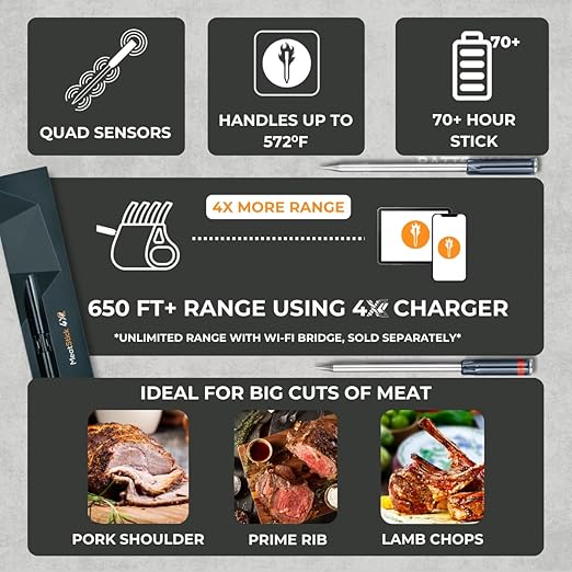 MeatStick 4X Wireless Meat Thermometer for Grilling and Smoking, Bluetooth Temperature Probe with 4 Sensors, 650ft+ Range for BBQ, Smoker, Oven