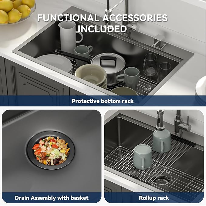 Lordear 30 Black Kitchen Sink Drop In 30 x 22 Topmount Kitchen Sinks Workstation 16 Gauge Stainless Steel Gunmetal Black Single Bowl Topmount Handmade Sink Basin with Drain Strainer