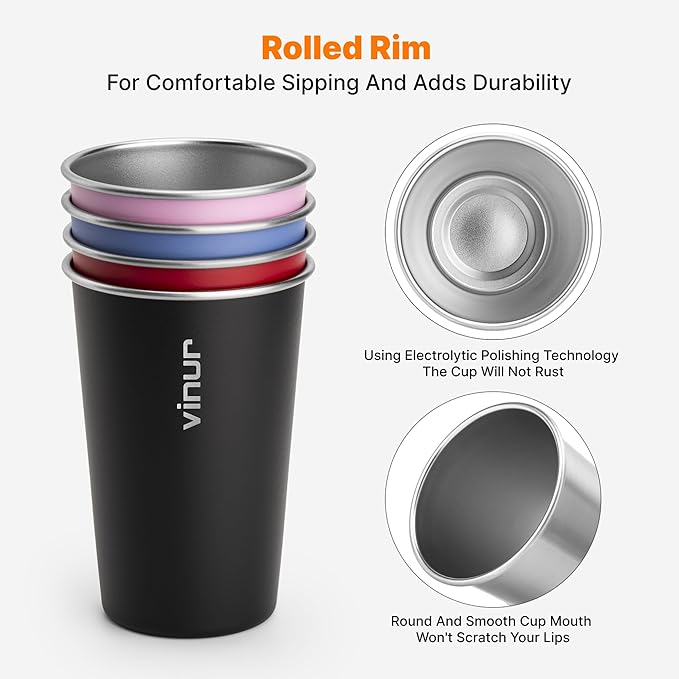VINUR 16 oz Stainless Steel Cups 4 Pack Pint Tumbler Stackable Metal Drinking Glasses for Travel, Camping, Outdoors (Royal Blue-Canyon Red-Black-Purple Pink)