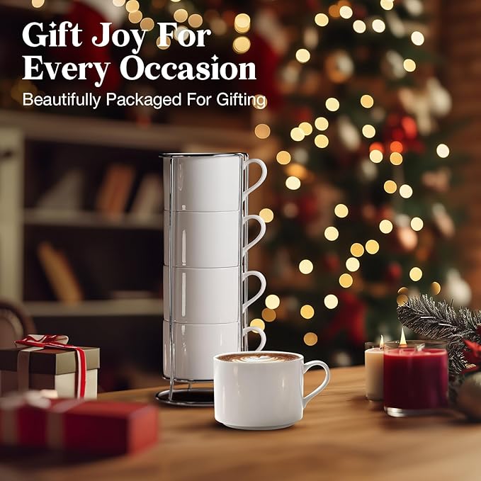 10 Ounce White Porcelain Stackable Cappuccino Cups with Stainless Steel Holder, Set of 4, Durable Ceramic, Perfect for Home, Office, or Gift