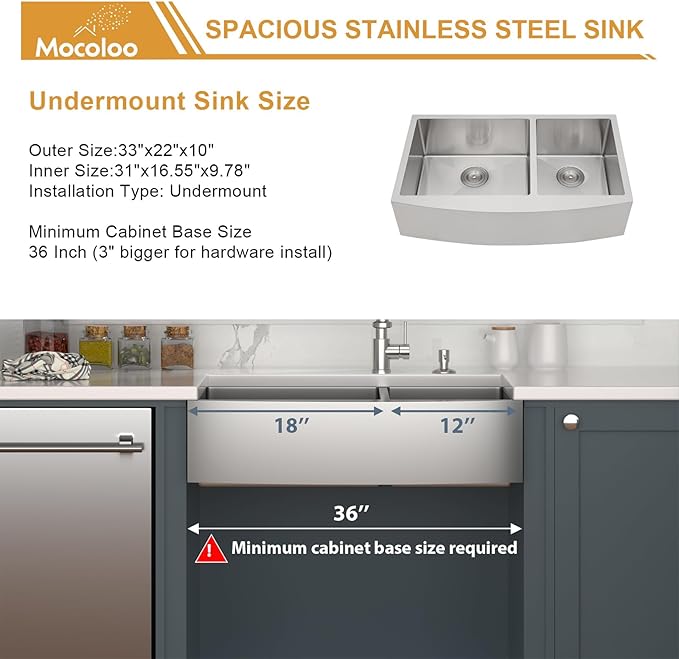 Mocoloo Stainless Farmhouse Kitchen Sink - 33x20 Inch Undermount Double Bowl Kitchen Sinks 16 Gauge Stainless Steel 60/40 Apron Farm Kitchen Sinks, 10 Inch Basin