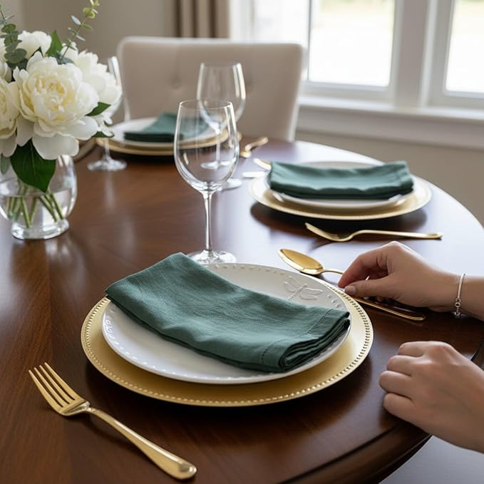 Hemstitched Linen Napkins – 20 Inch x 20 Inch – Stonewashed Pure Linen Cloth Dinner Napkins with Mitered Corners - 100% French Flax – Machine Washable - Set of 4 (Soft Rustic Green)