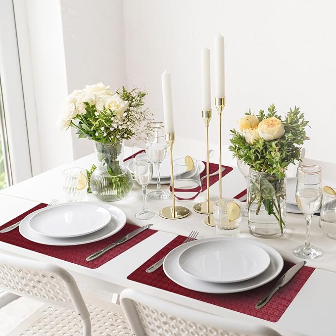 Vinyl Placemats Set of 6-12×17.7 Inch Waterproof & Heattable Placemats, Fall Faux Leather Wipeable Outdoor Table Mat for Dining, Kitchen, Indoor Outdoor Use (Grenadine Red, Diamond pattern)