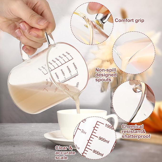 Lallisa 3 Pack High Borosilicate Glass Measuring Cups Set with Handle V Shaped Spout, 4, 2, 1 Cup 3 Scales (Oz, Cup, Ml) for Kitchen Restaurant Baking Cooking, Easy to Read, Clear(Red Scale)