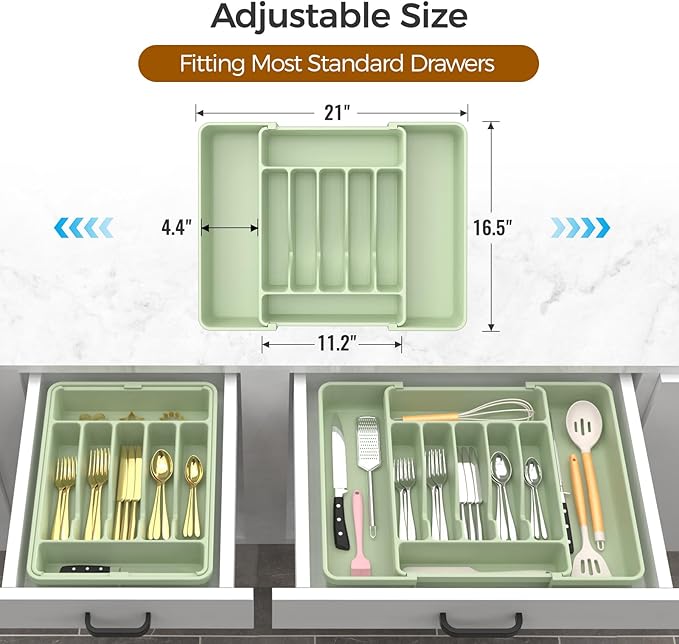 Extra Large Expandable Silverware Organizer, BPA-Free Food-Safe Cutlery Flatware Organizer, Kitchen Utensil Drawer Organizer, Adjustable Silverware Holder for Spoons Forks Knives, Green