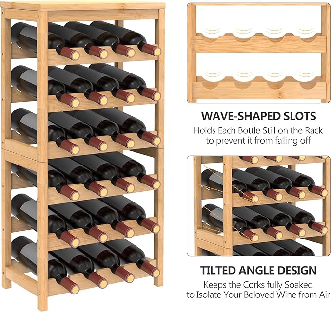 24-Bottle Bamboo Wine Rack Freestanding Floor, 6 Tier Wine Display Rack with Table Top, Wine Storage Shelf for Kitchen Dining Room Bar
