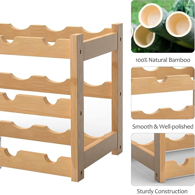 3 Tier Bamboo Wine Rack for Countertop, 12 Bottles Wine Storage Shelf for Kitchen Pantry Cabinet