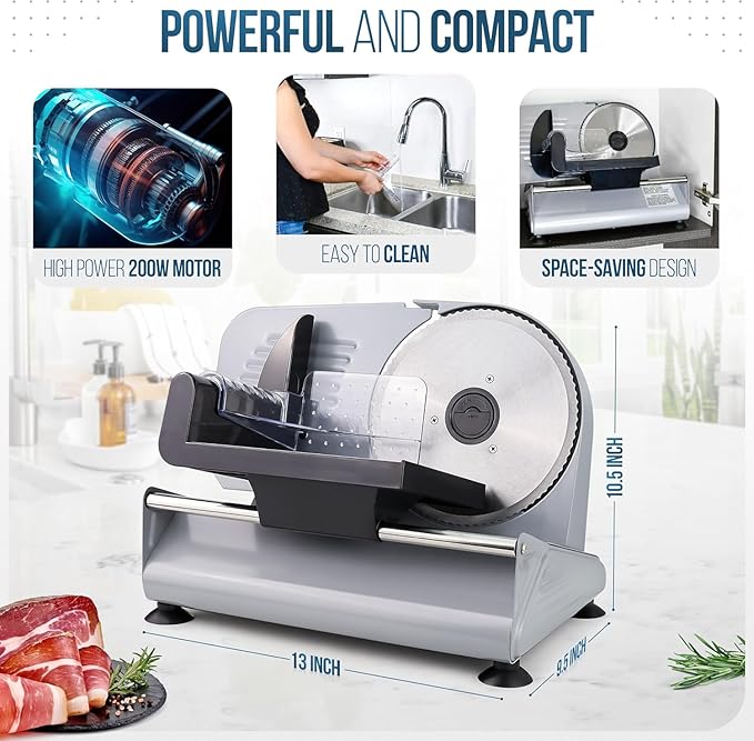 Meat Slicer, 200W Powerful Electric Food Slicer-Deli Meat Slicer Machine for Home Use for, Cheese, Bread, Vegetables-2 Round 7.5" Stainless Steel Blade, Child Lock Protection & Adjustable Thickness