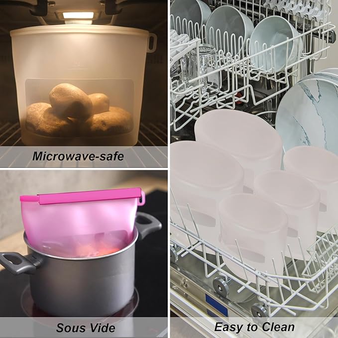 Reusable Silicone Food Storage Bags 4-Pack with 1 Sandwich, 1 Lunch, 1 Half-Gallon and 1 Gallon, Multi-Use & Sous Vide Stand-Up Container for Soup and Leftovers, Microwave, Dishwasher and Freezer Safe