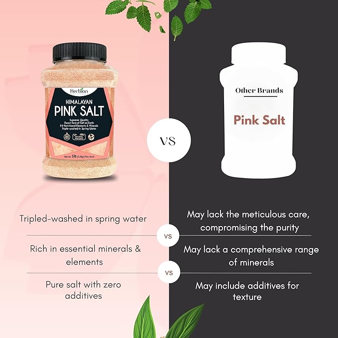 HERBION Naturals Himalayan Pink Salt Jar Fine Grain, GMO Free, Supreme Quality Chemical Free, Vegan, Kosher Certified, Fine Grain All Natural Salt, Triple Washed in Spring Water, 5 lbs