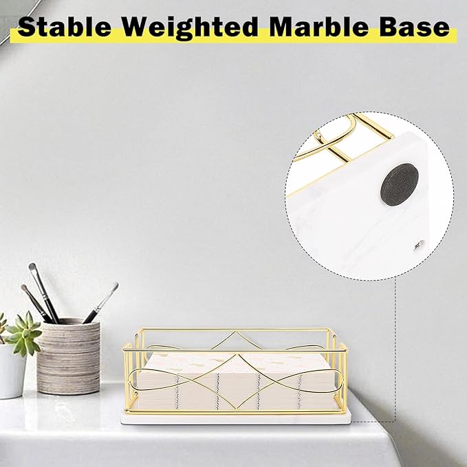 Napkin Holder with Marble Base, Guest Towel Paper Dispenser for Table, Modern Metal Napkin Stand, Ideal for All Bathroom Vanity, Kitchen Decor Accessories (Gold, 3.2 Inch)