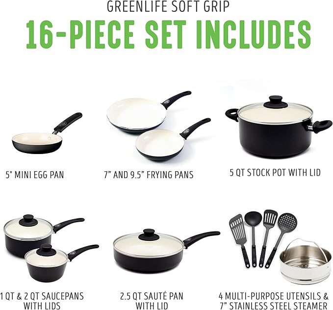 GreenLife 16 Piece Nonstick Cookware Set, Soft Grip Non-Toxic PFAS-Free Ceramic Pots & Pans, Dishwasher & Oven Safe, Frying, Sauce, Utensils, Glass Lids, Stay-Cool Handles, Wobble Free, Black & Cream