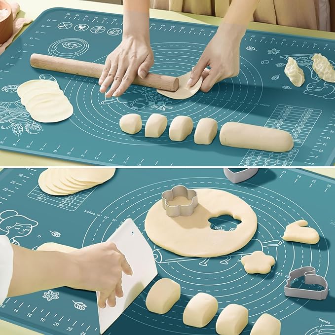 Silicone Pastry Mat 32" x 24" Extra Thick Non Stick Baking Mat with Measurements and Edge Heightening, Food Grade Silicone Rolling Mat for Pastry, Bread, Cookies, Pizza, Fondant, Pasta