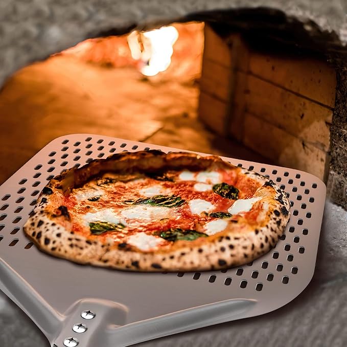 G.a HOMEFAVOR 14" x 17" Perforated Pizza Peel 35 Inch overall, Rectangular Aluminum Pizza Turning Peel with Extended Silcone Handle For Baking Pizza Brick Oven