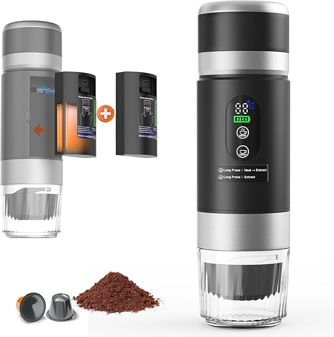 Portable Coffee Machine with 2 Removable rechargeable Batteries 15,000mAh, Electric Coffee Maker for Camping & Travel, 80ml Hot/Cold Coffee, 20bar, USB-C Espresso Machine, Camping Coffee Makers Black