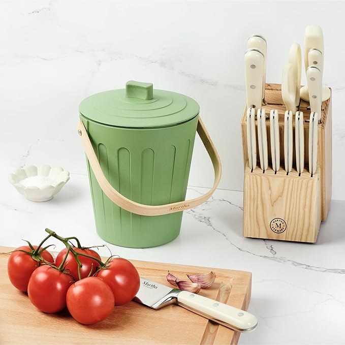 Martha Stewart Indoor Compost Bin | Countertop Composting Bucket for Kitchen | .7 Gallon Capacity | Includes Filter | Plant Based Materials | Sage Green