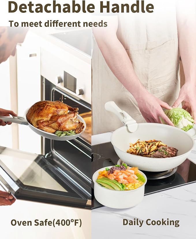 22Pcs Non Stick Pots and Pans Set | Ceramic Cookware Set with Detachable Handle | PFAS-Free, Oven & Induction Safe (White)