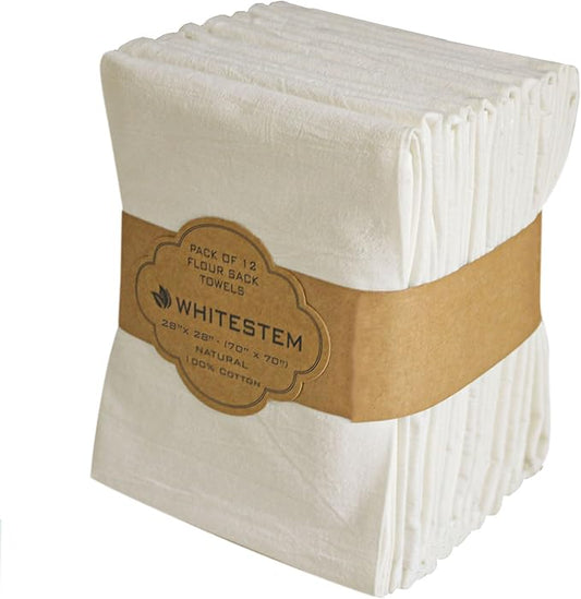 Flour Sack Towels | Tea Towel for Crafts| Kitchen | Dish | Cotton Blank Towel for Embroidery| Baking Bread Proofing Linen Cover| Thick Absorbent Quick Dry | 12 Pack 28"x28" White