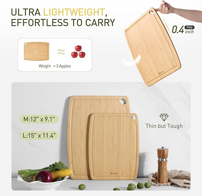 Lightweight Durable Bamboo Cutting Board Set with Non-Slip Feet, Wooden Cutting Boards for Busy Kitchen, Easy Storage & Clean Wooden Chopping Boards with Juice Groove Set of 2 (M+L)
