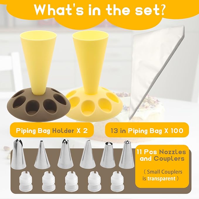 2 Pack Piping Bag Holder – Piping Bag Holder Stand for Filling, Icing Bag Holder, Pastry Bag Holder Stand with 8 Nozzle Slots, Includes 100 Pcs 13 in Piping Bags, 6 Icing Nozzles & 5 Couplers