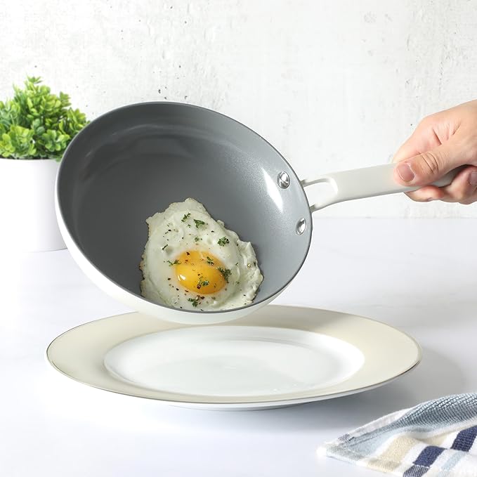 Martha Stewart Emmeline Premium Nonstick PFA Free Ceramic Interior 12 Piece Heavy Gauge Enamel Aluminum Pots and Pans Cookware Set - Linen White