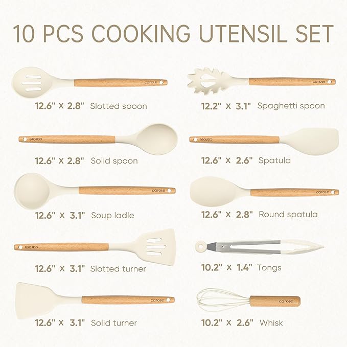 CAROTE Silicone Cooking Utensils Set, Kitchen Utensils Set 10 Pcs for cooking, BPA Free Spatula Set with Heat Resistant Wood Handles for Nonstick Cookware (Cream White)