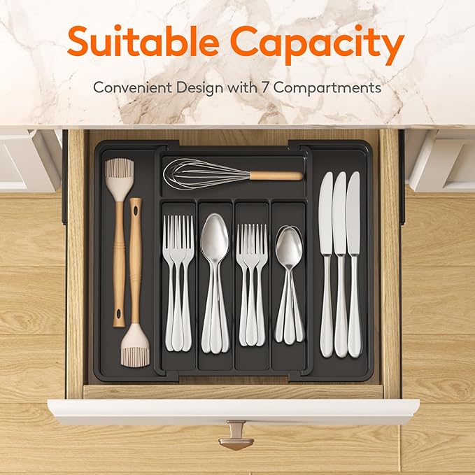 Lifewit Medium Silverware Drawer Organizer, Expandable Utensil Tray for Kitchen, BPA Free Flatware and Cutlery Holder, Adjustable Plastic Storage for Spoons Forks Knives, Black