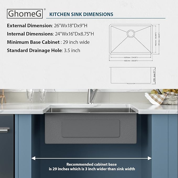 Undermount Kitchen Sink 26 Inch - GhomeG Deep Single Bowl 26x18x9 Inch kitchen sink 16 Gauge Stainless Steel Under Counter Kitchen Sink Basin With R10 Round Corners
