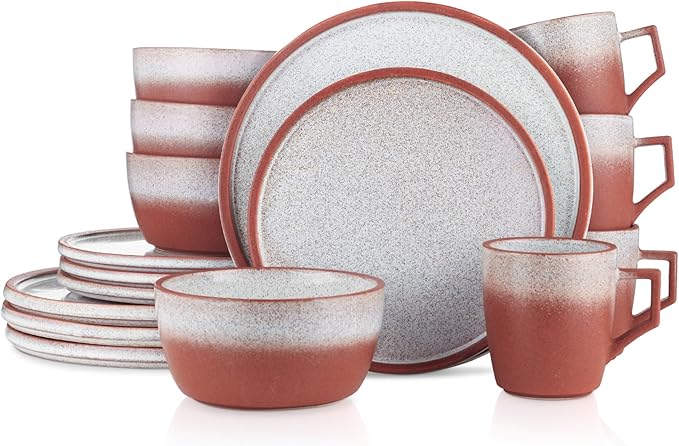 Stone Lain Vince Rustic Stoneware Reactive Glaze Dinnerware Set, 16 Piece Service for 4, Red