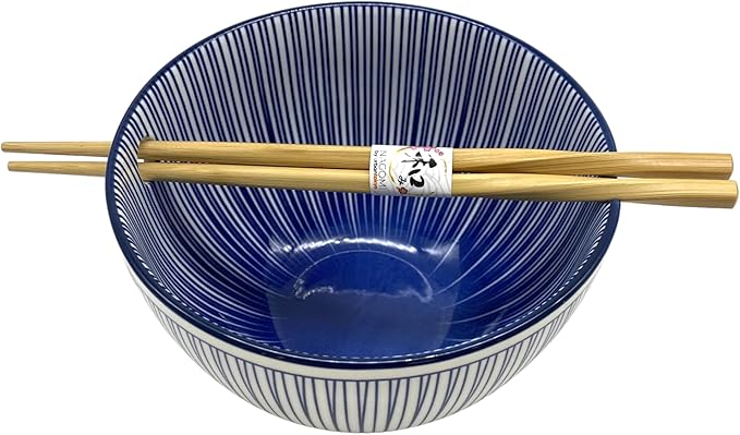 Urban Tokyo Porcelain Japanese Motif Design Ramen Udon Noodle Rice Bowl With Chopsticks 20 fl oz 6 inch Diameter Bowl Sets Color Box Packaging (Tokusa Lines)