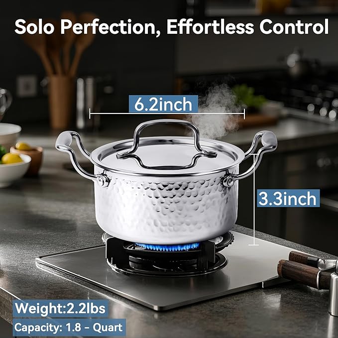 Tri-Ply Stainless Steel Stock Pot,1.8 Quart Sauce Pan with Lid, Induction Pasta Pot Compatible with All Cooktops, Small Cooking Pot for Boiling Gravies, Pasta, Soup, Oven & Dishwasher Safe